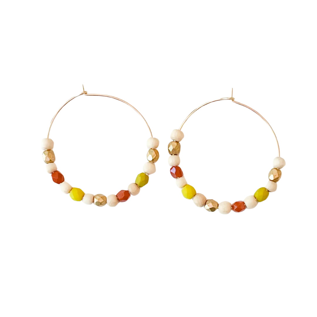 Gold Filled Hoops with Tiny Wood and Chartreuse Glass Beads