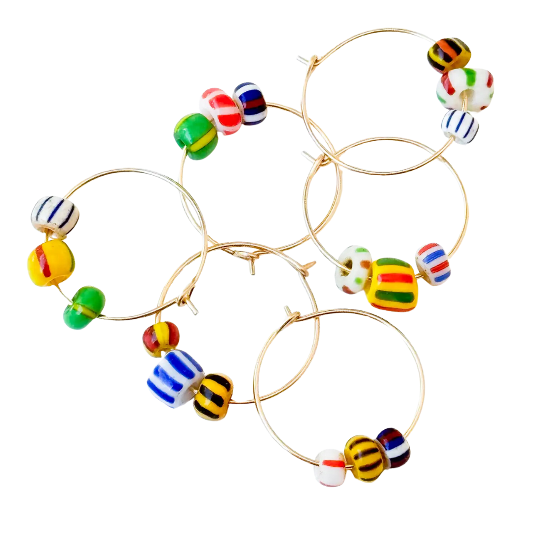 Small Gold Hoops with Striped African Beads