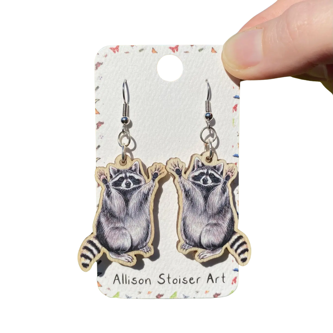 Wooden Raccoon Earrings
