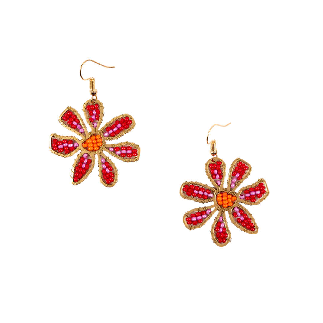 Beaded Daisy Earrings - Red