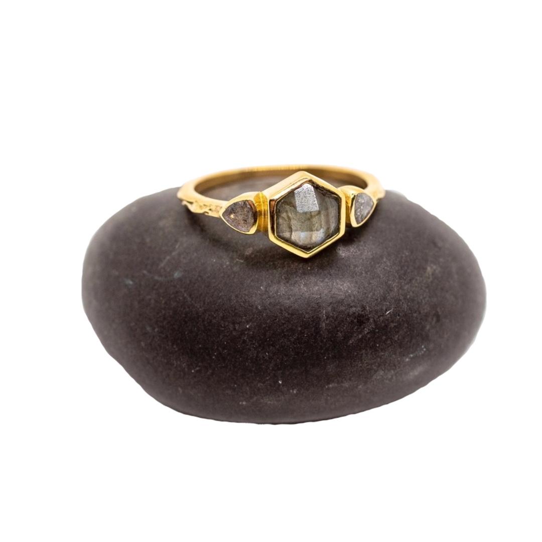 Brass Labradorite Hexagon Ring