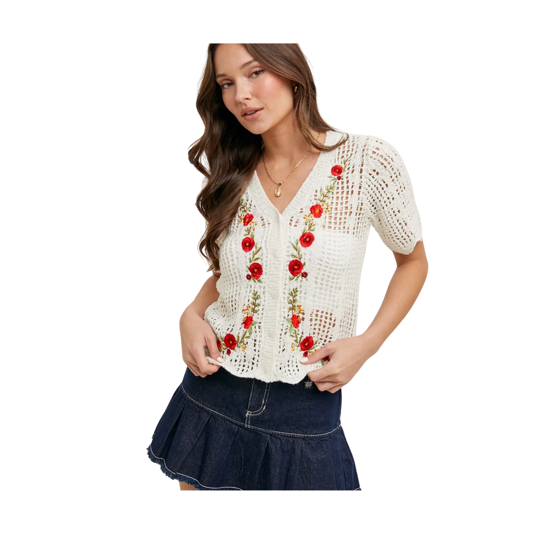 Floral Embroidered Button Down Knit Top