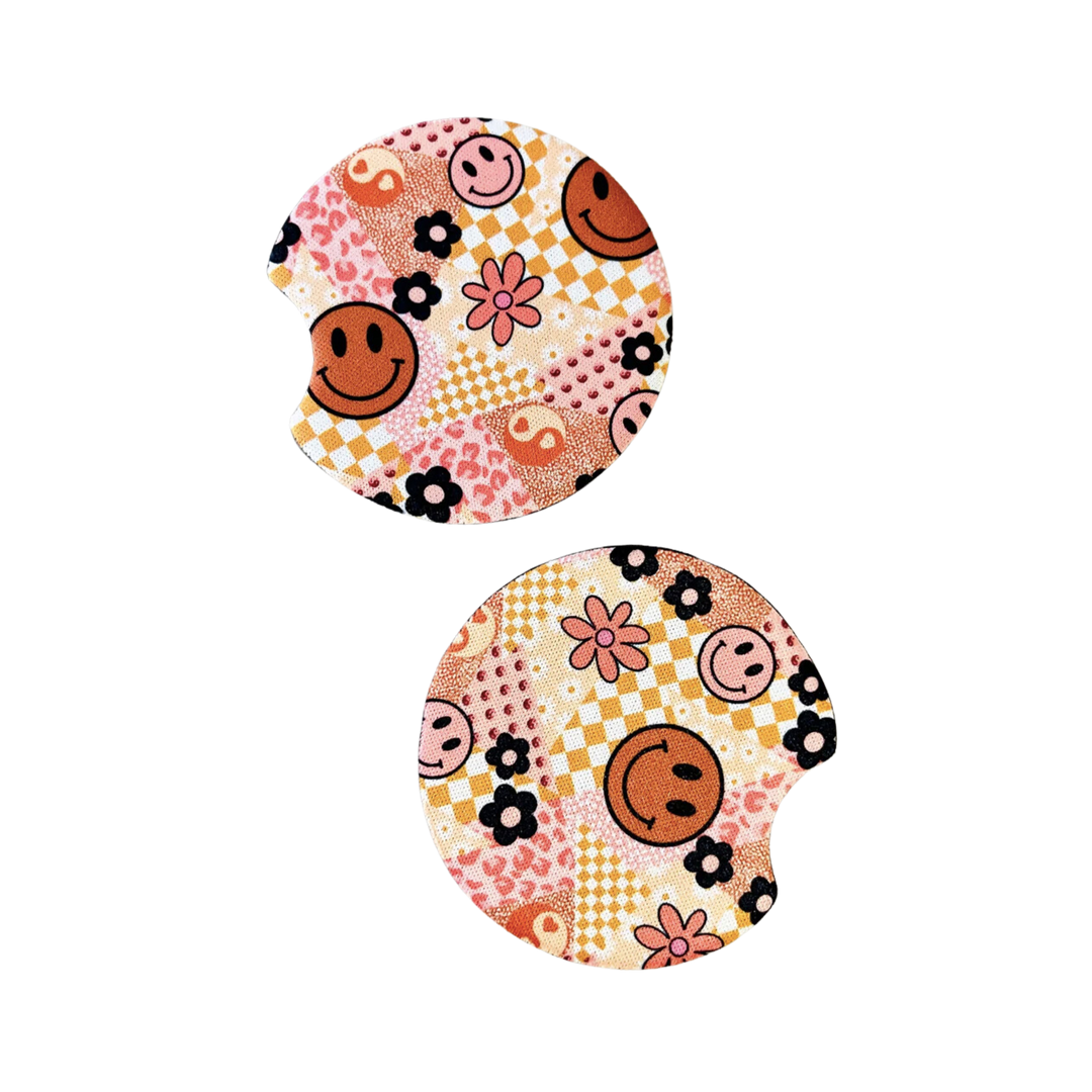 2 Car Coasters, Neutral Y2K Happy Collage Design