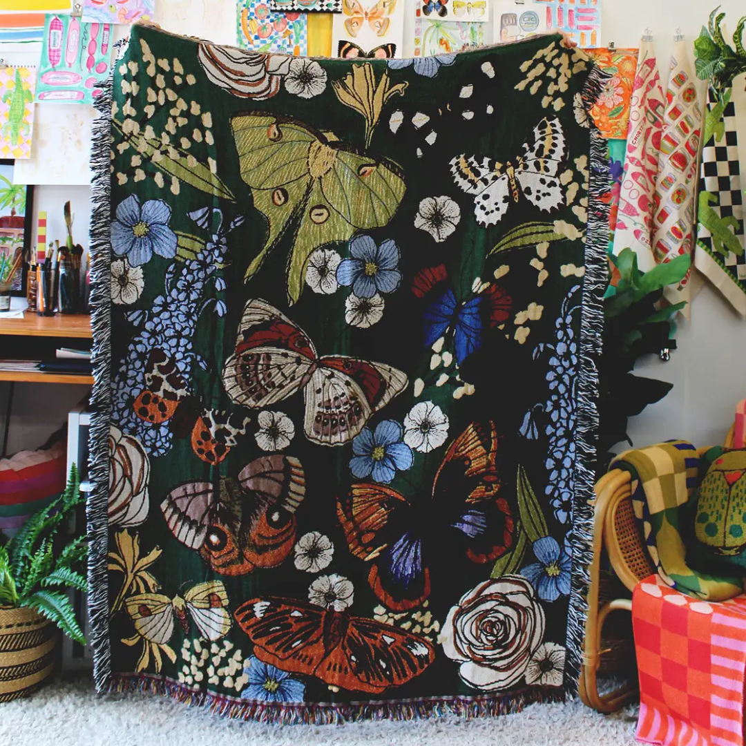 Butterfly Greenhouse Floral Tapestry Blanket