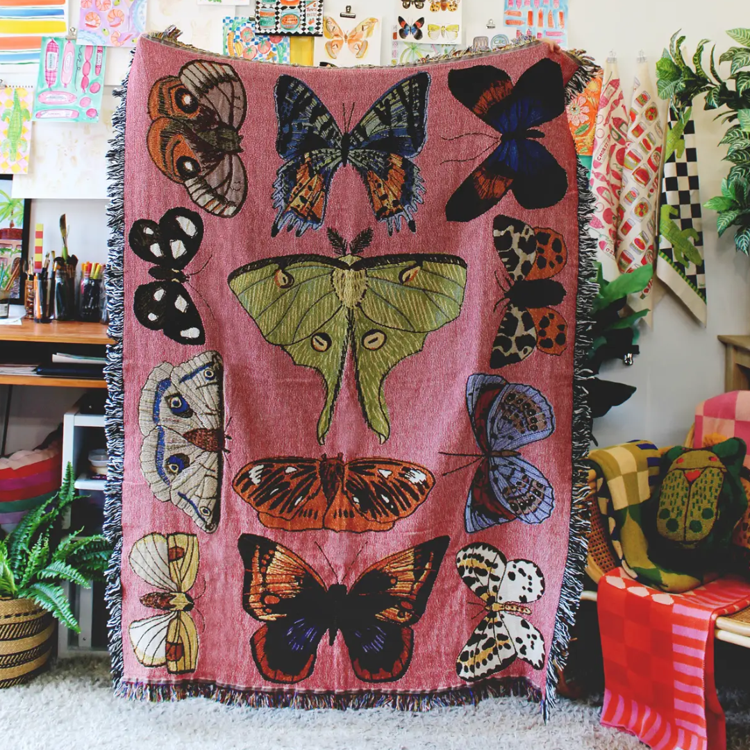 Moth Still Life Pink Tapestry Blanket