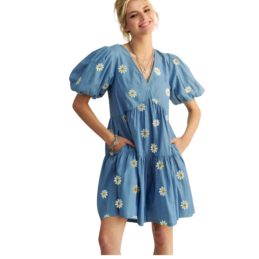Daisy Floral Embroidered Puff Sleeve Denim Romper