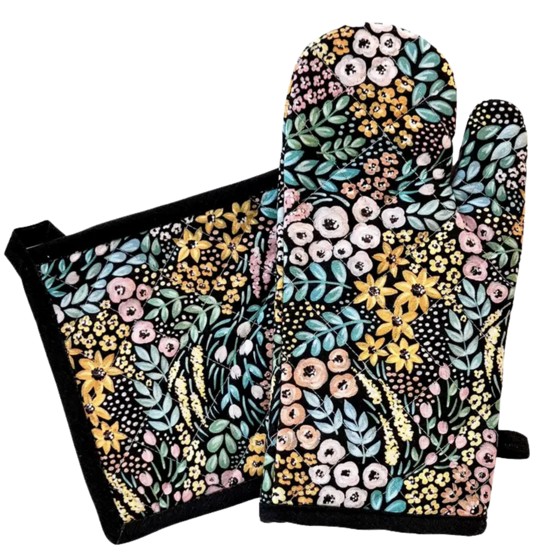 Black Floral Oven Mitt + Pot Holder Set