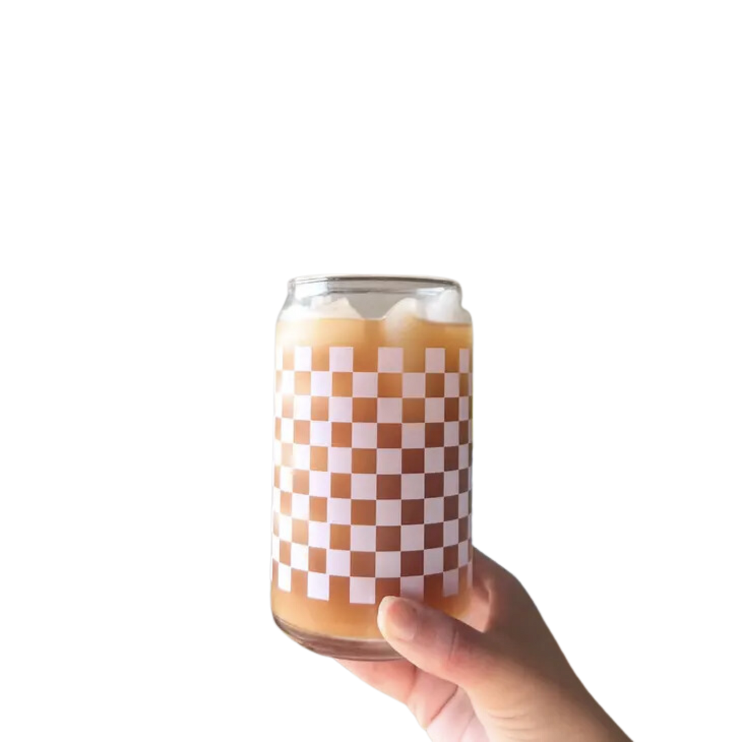 Lavender Checker Print1 6 oz Can Glass Cup-Dishwasher Safe