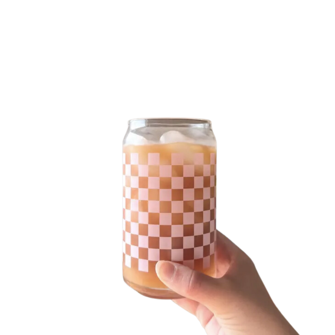 Soft Pink Checker Print 16 oz Can Glass Cup-Dishwasher Safe