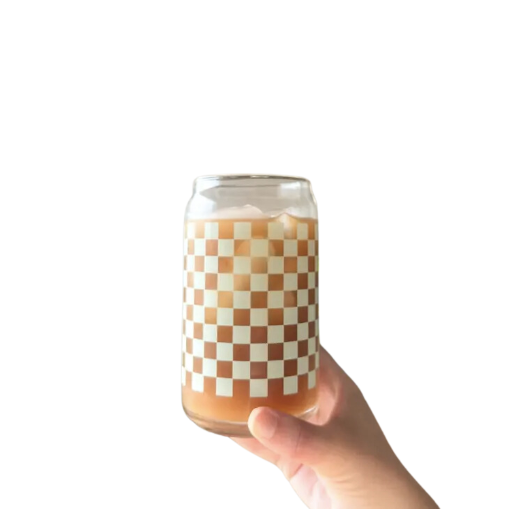 Sage Green Checker Print 16 oz Can Glass Cup-Dishwasher Safe