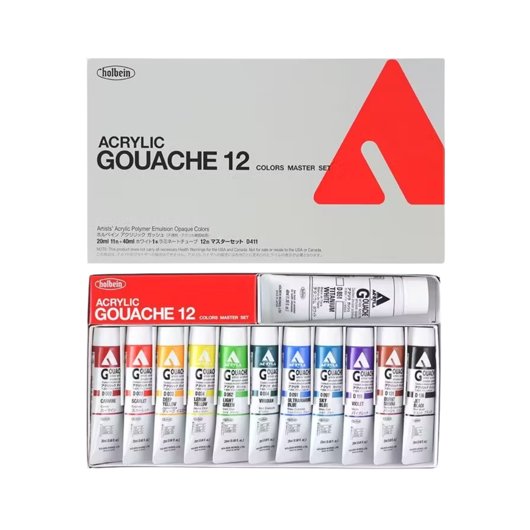 Holbein Acrylic Gouache Master Set of 12 - 20ML with 40ML White