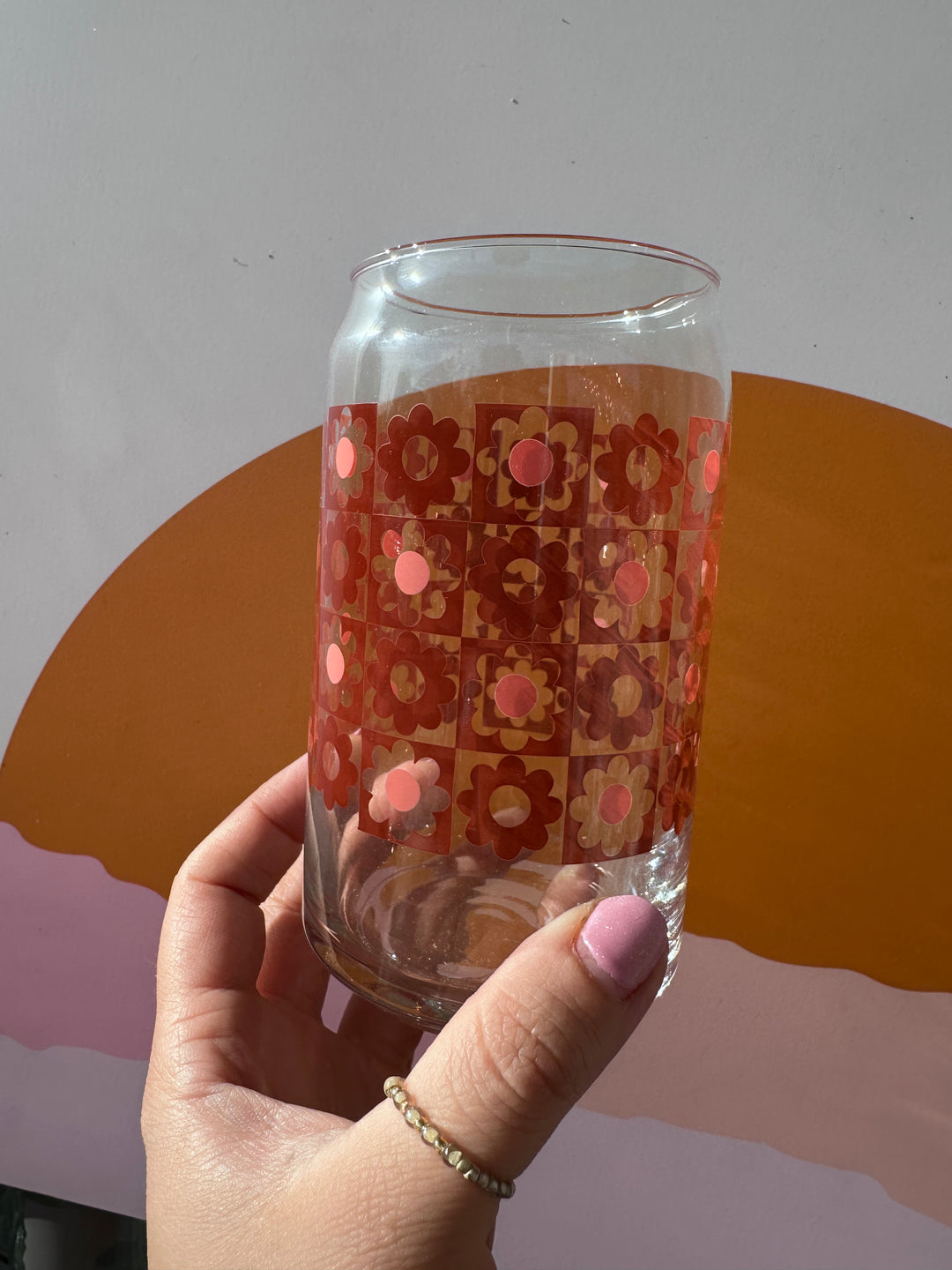 Daisy Checker Brown and Pink 16oz Glass Can Dishwasher Safe
