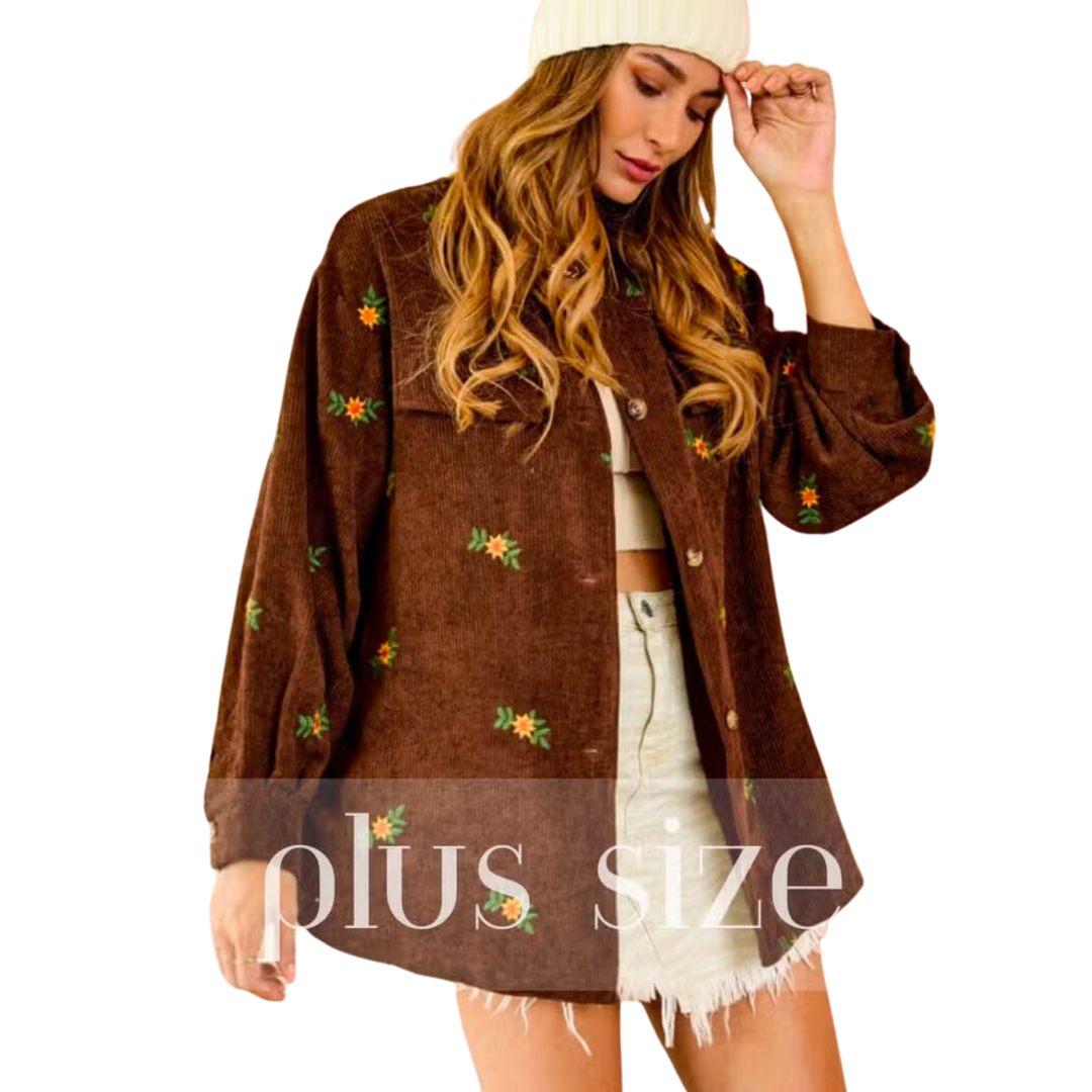 Floral Embroidered Corduroy Jacket - Brown