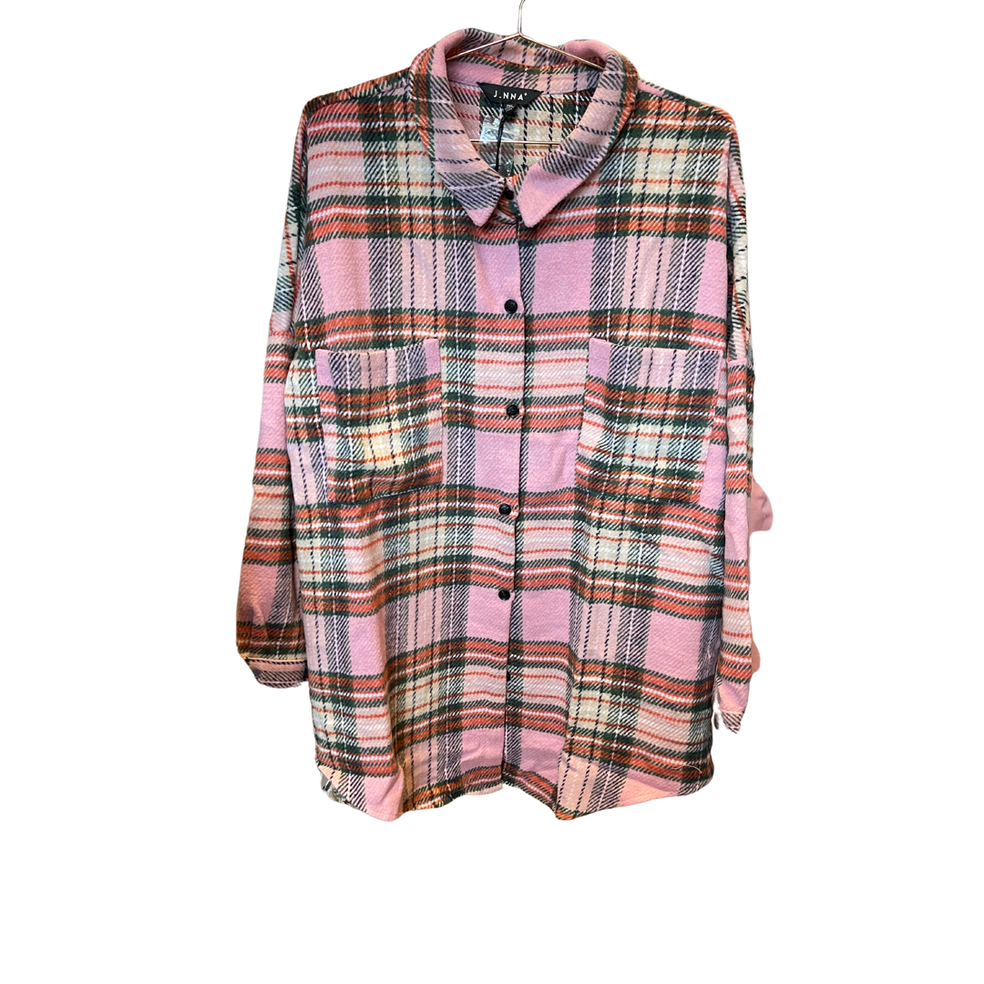 Plaid Button Down Jacket Top- Plus Size 1X-3X Pink Orange