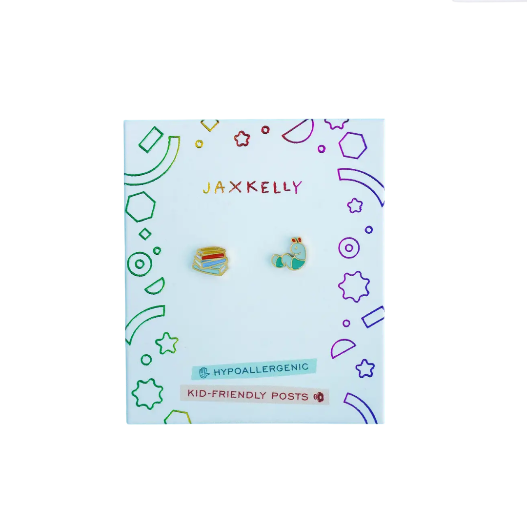 Bookworm Enamel Flat Back Kids Earrings