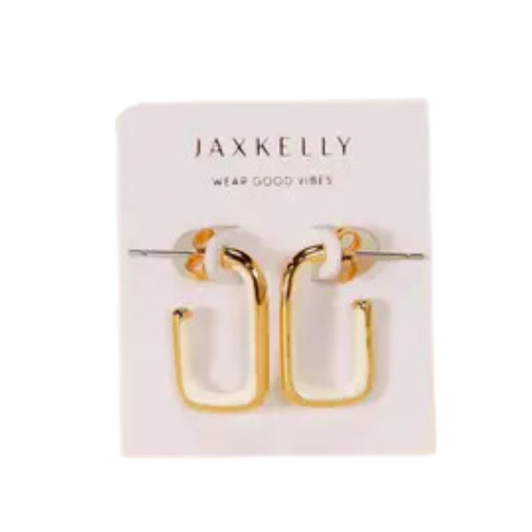 Cream Enamel Large Rectangle Gold Hoop Earrings