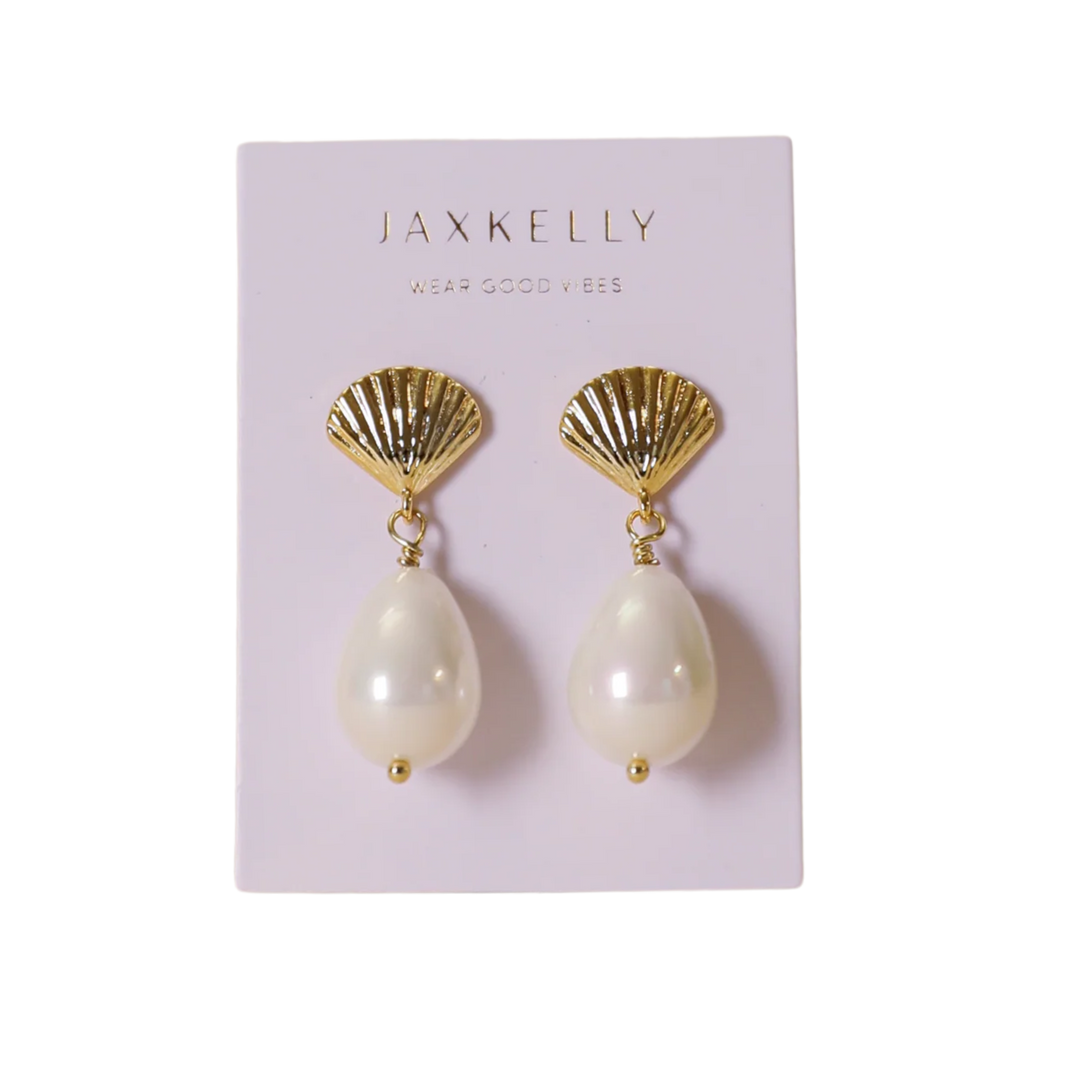 Seashell Pearl Drop Gold Earrings