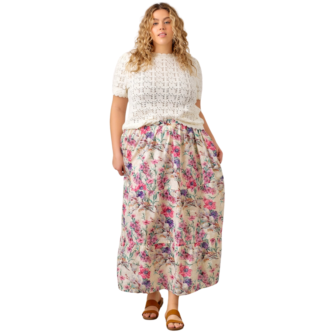 Floral Cotton Burnout Skirt - Cream