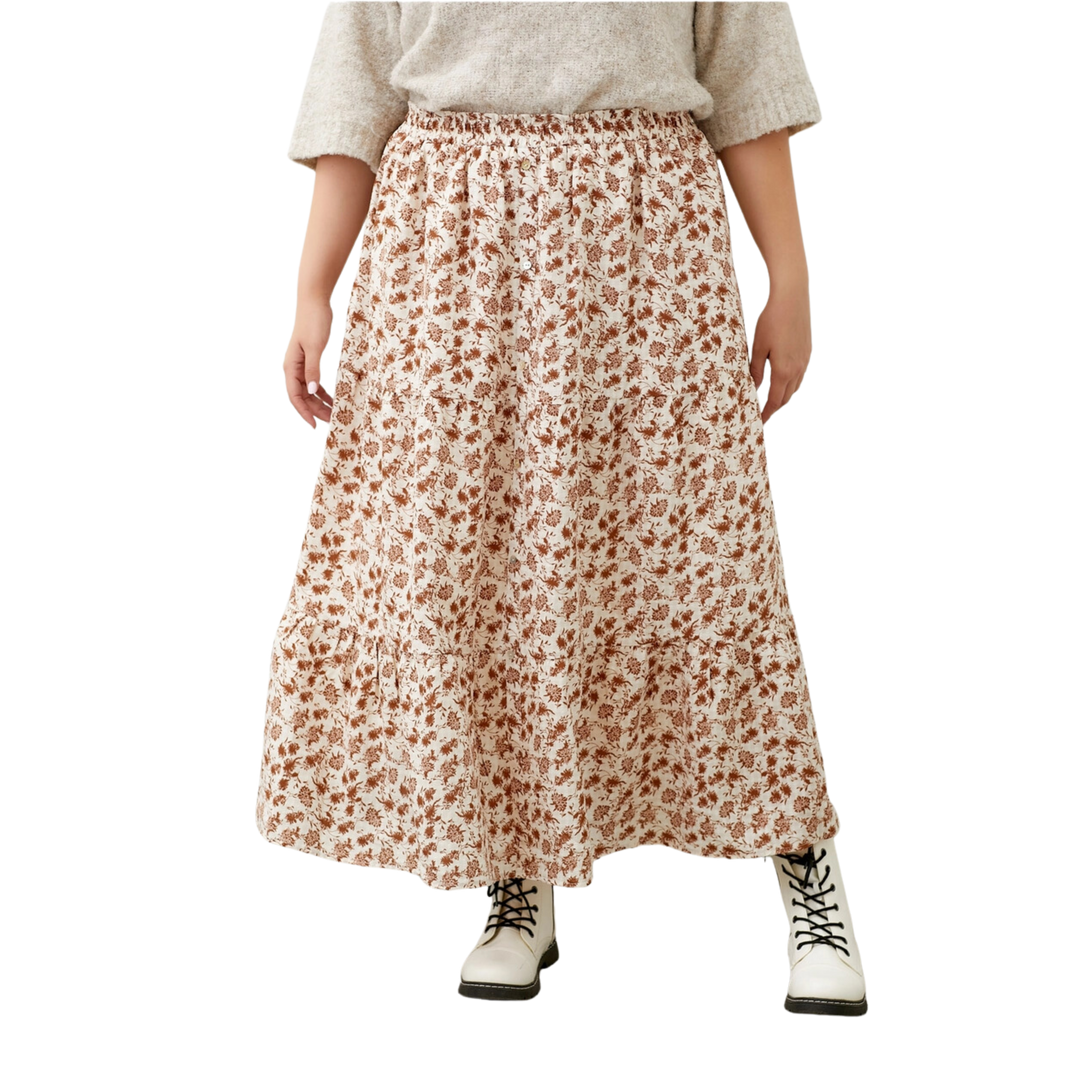 Floral Tiered Midi Skirt - Brown