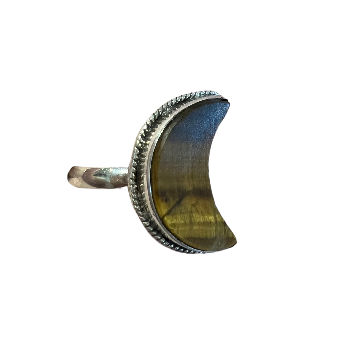 Crescent Moon Tigers Eye 925 Sterling Silver Ring - Size 6