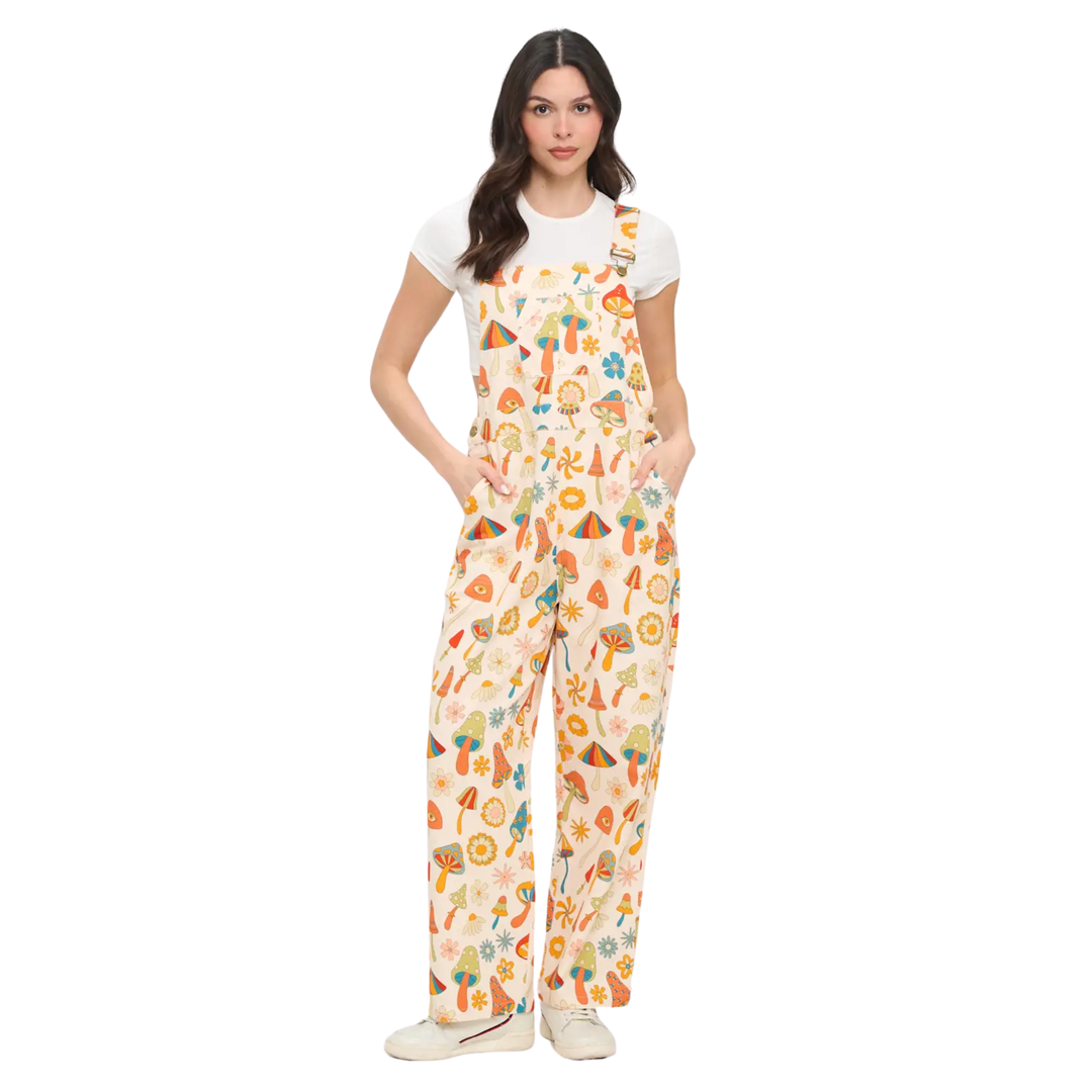 Retro Mushroom Boho Hippie Daisy Flowers Print Overall