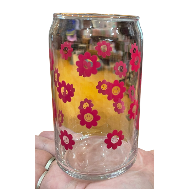 Bold Smiley Flower Glass Can - 16 oz