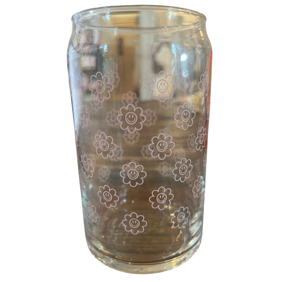 Smiley Flower Can Glass - 16 oz