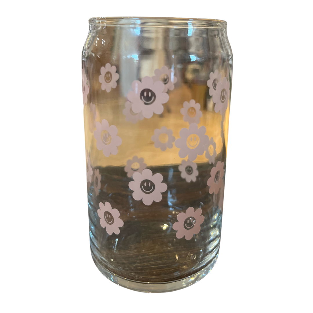Bold Smiley Flower Glass Can - 16 oz