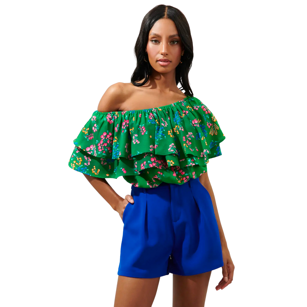 Ivana Floral Charmer One Shoulder Ruffle Top Kelly-Multi