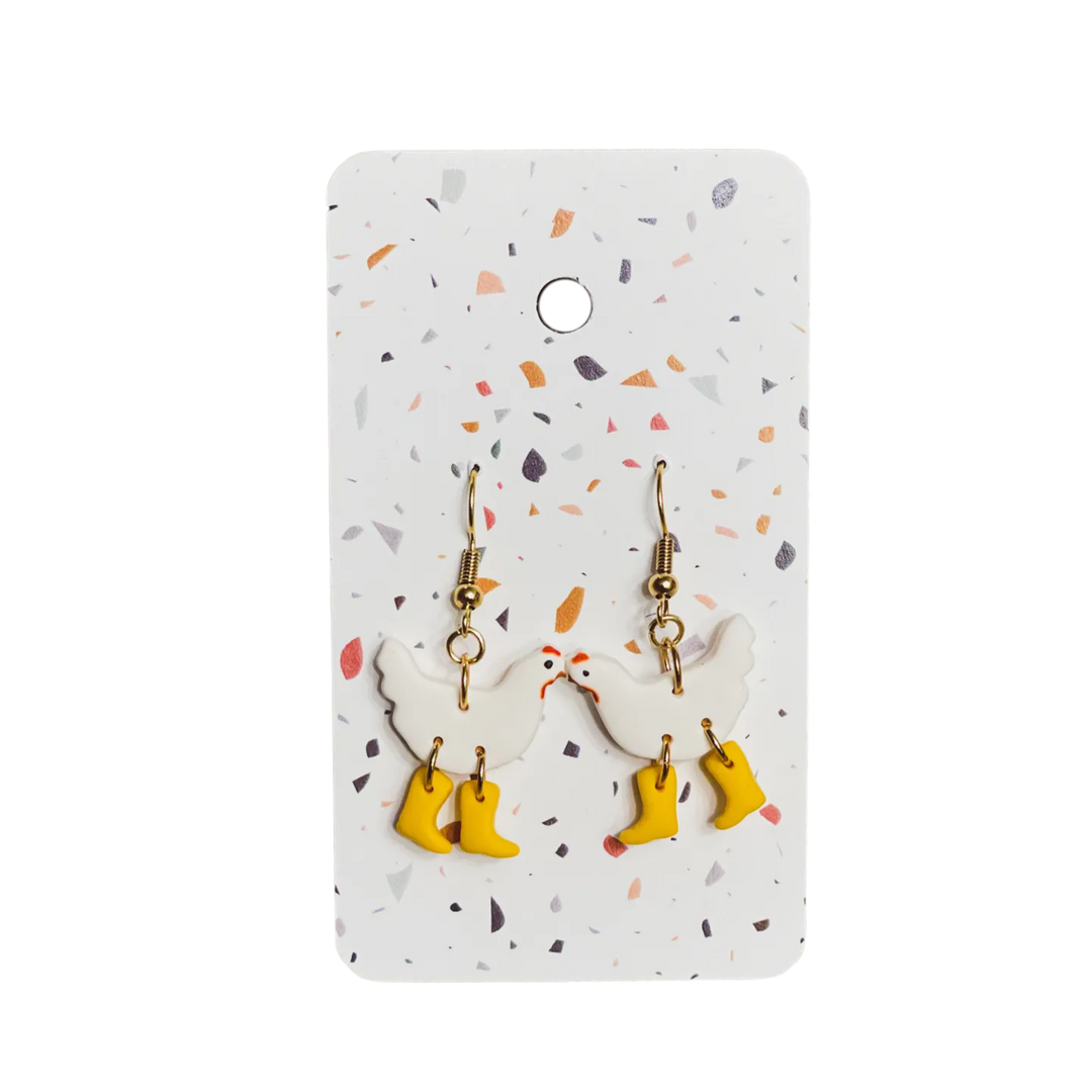 White Chickens with Boots Earrings