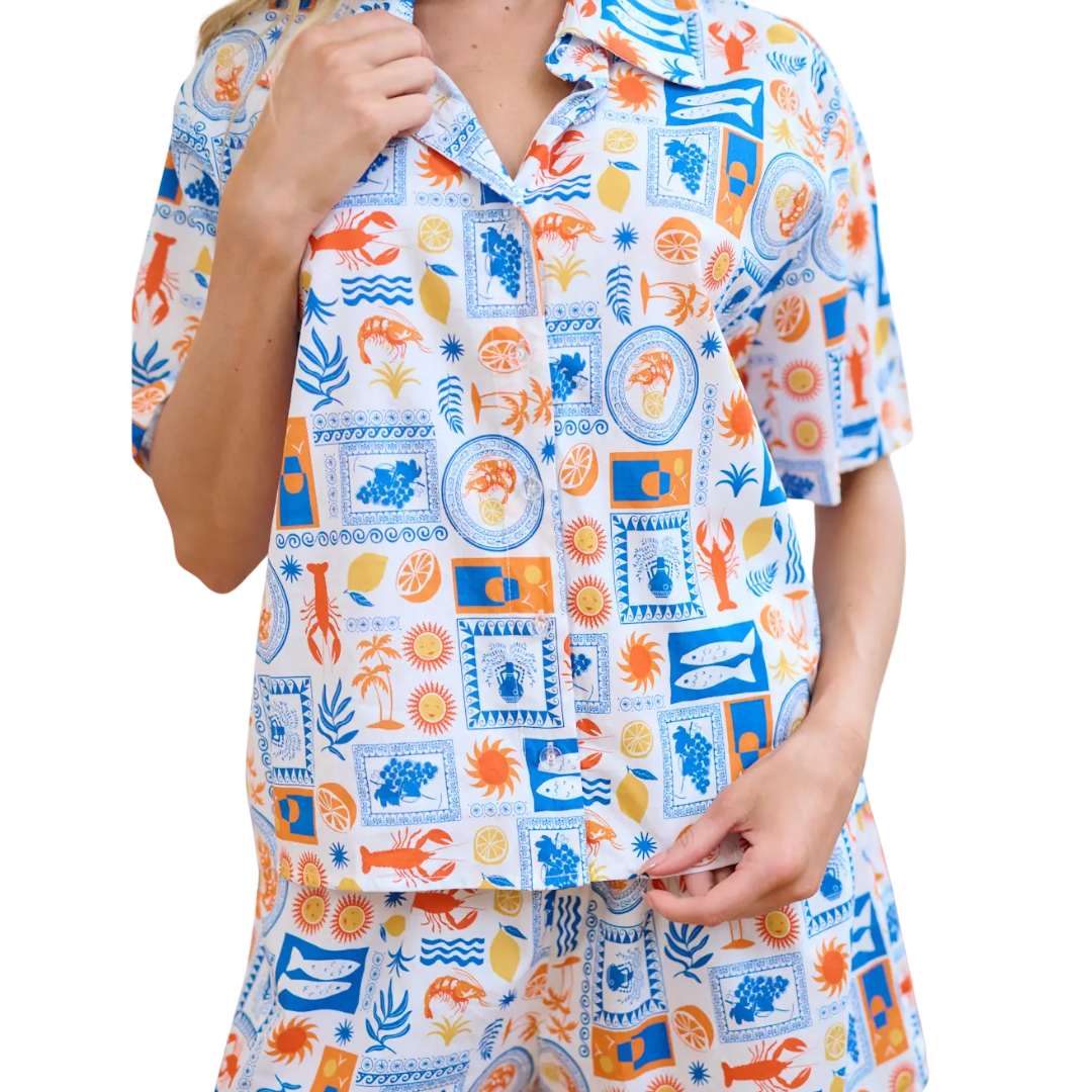 Blue Checkered Coastal Cuisine Print Shirt