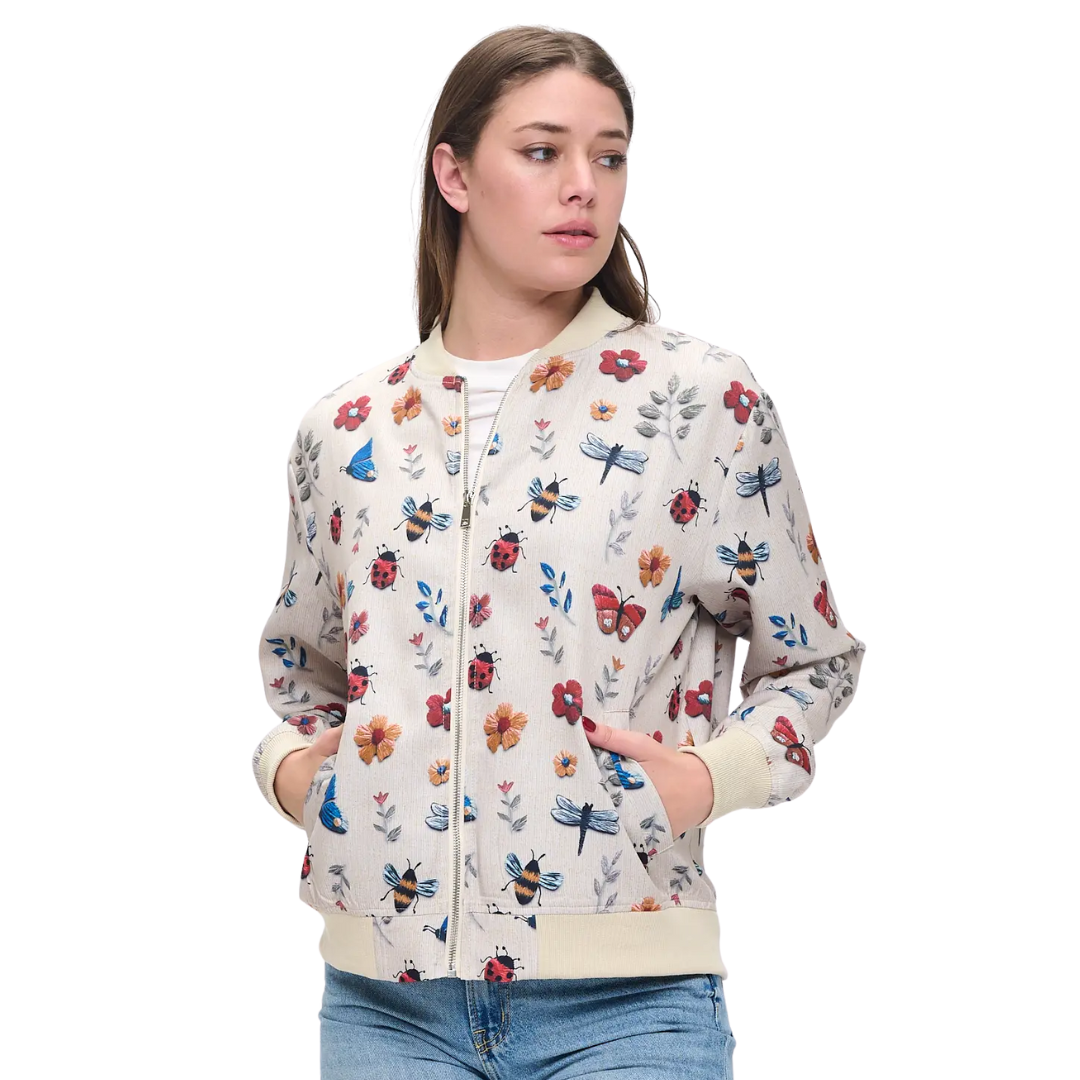 Floral Flutter & Buzz Print Bomber Jacket