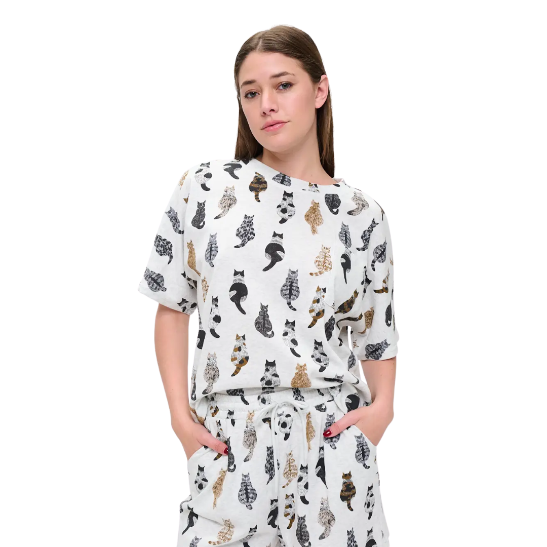 Whimsical Cat Tails Print Relaxed Fit T-Shirt