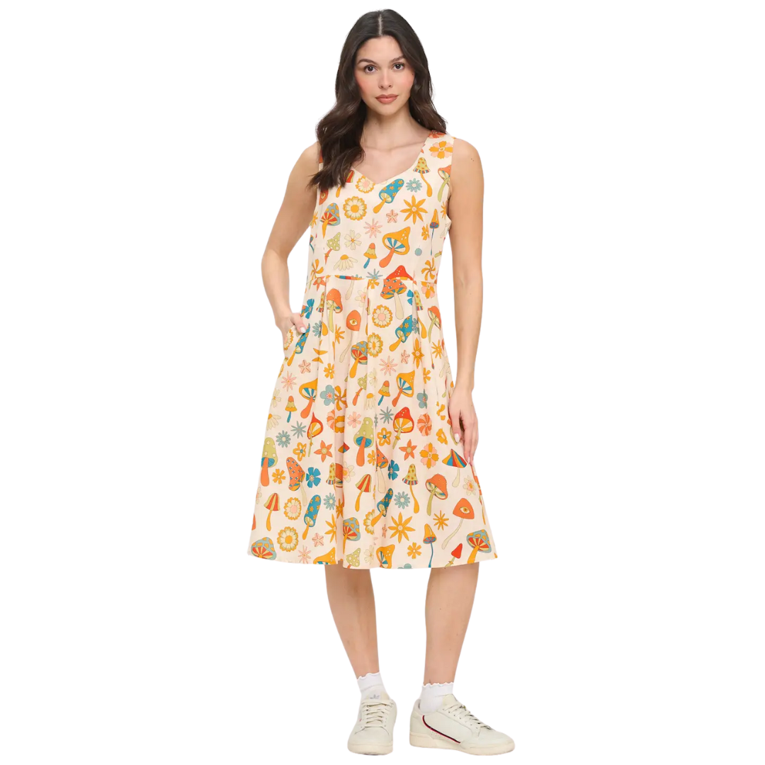 Retro Mushroom Boho Hippie Daisy Flowers Print Dress