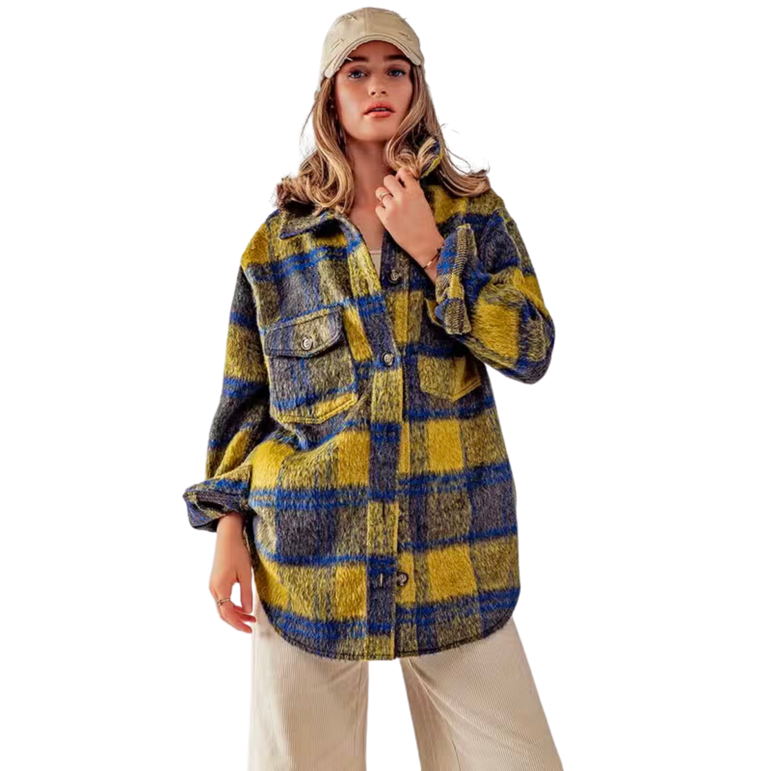 Rustic Fur Checkered Oversized Shacket - Blue