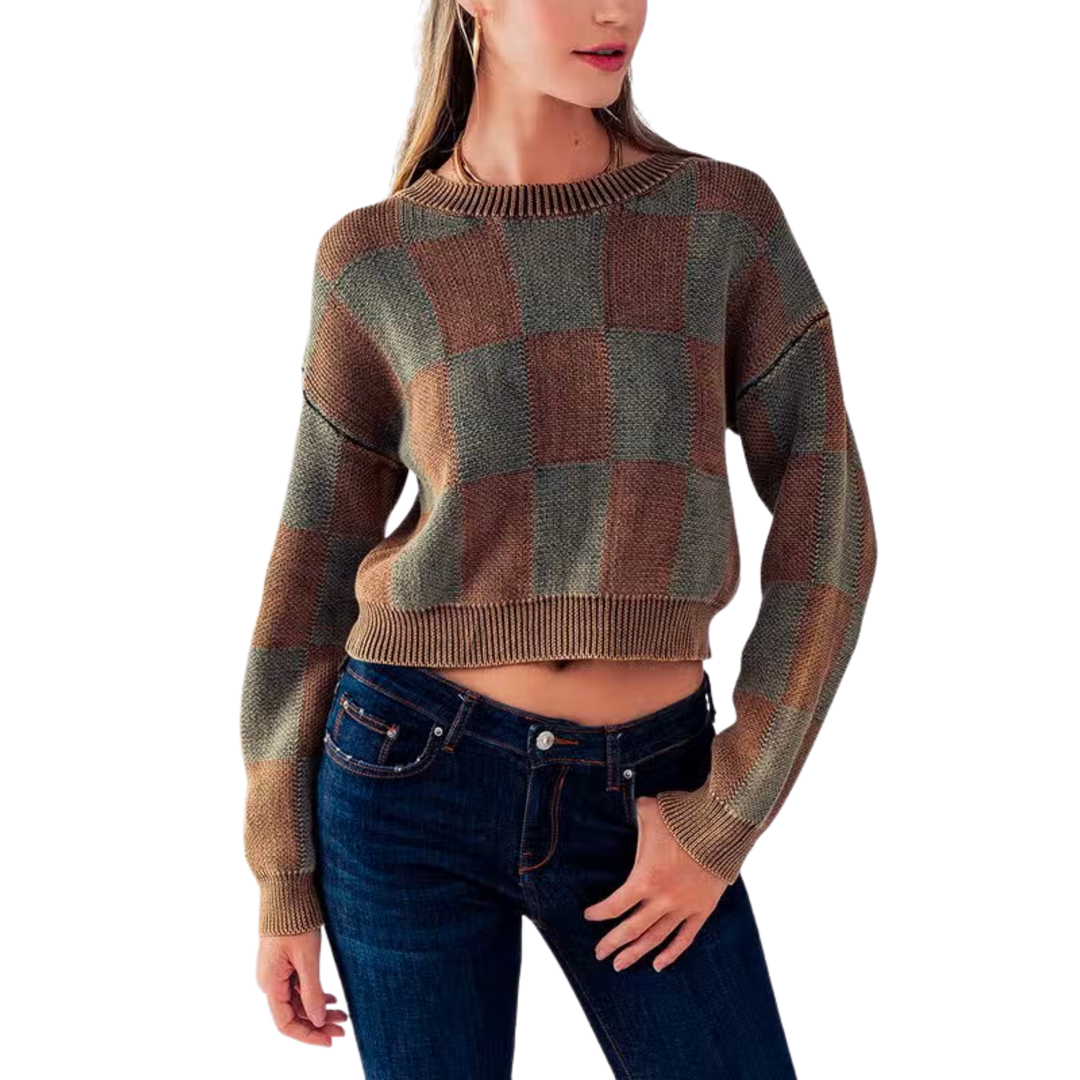 Mineral Washed Cropped Checkerboard Sweater -Brown/Green