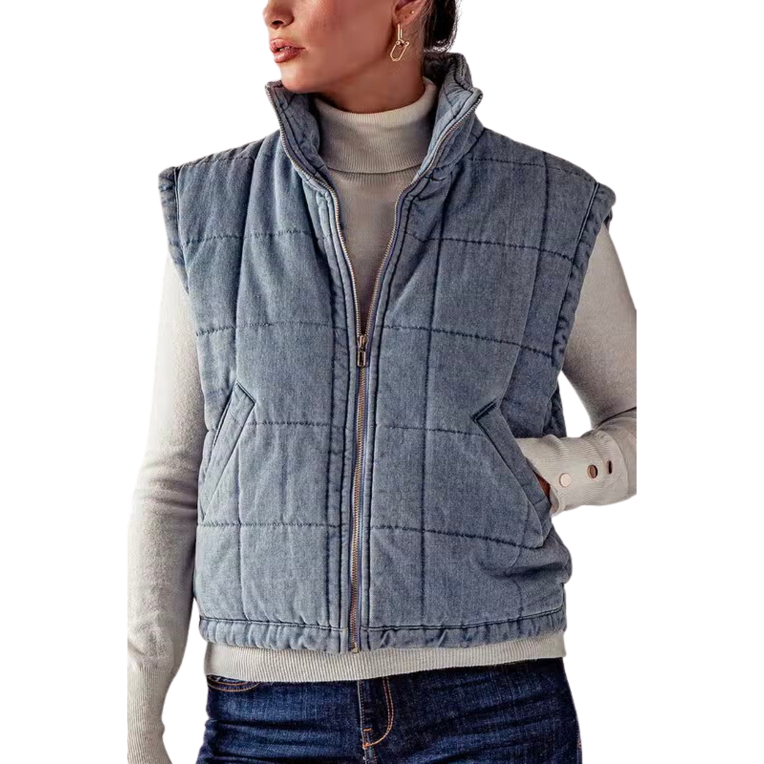 Zip Up Denim Linen Fleece Quilted Vest