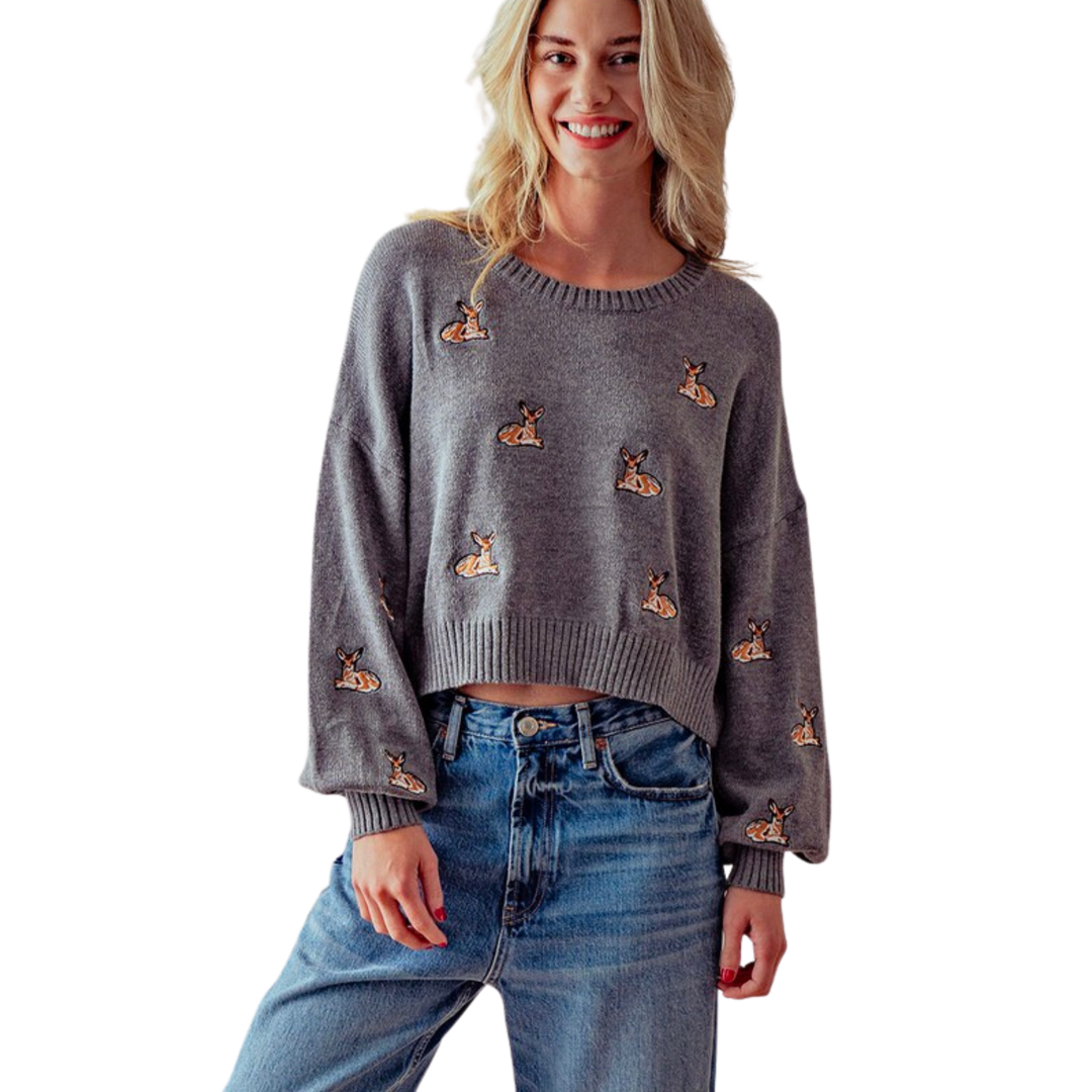 Deer Embroidery Rib Knit Sweater