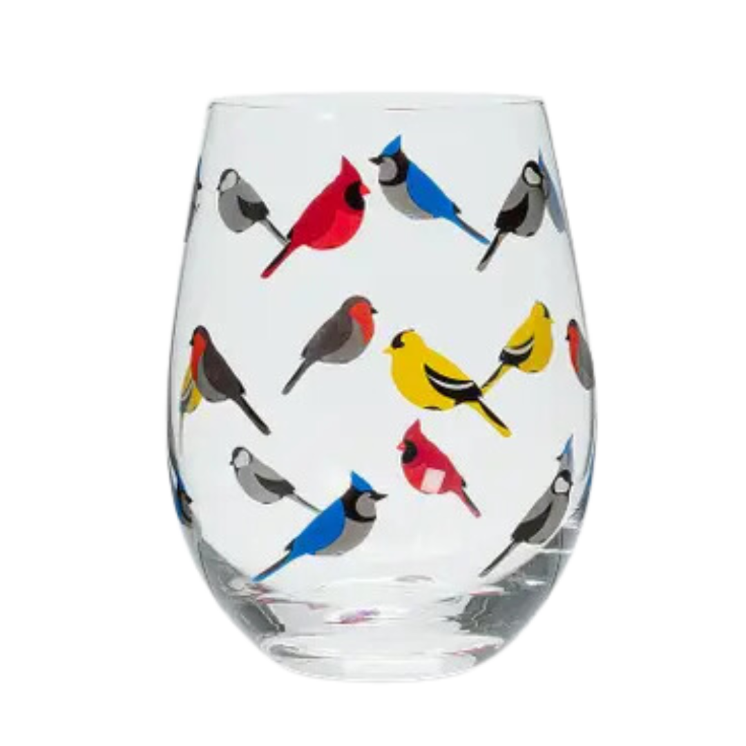 Multi Bird Stemless Wine Glass