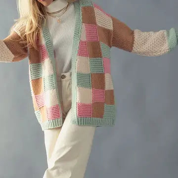 Multi Color Patch Block Open Front Cardigan Mint
