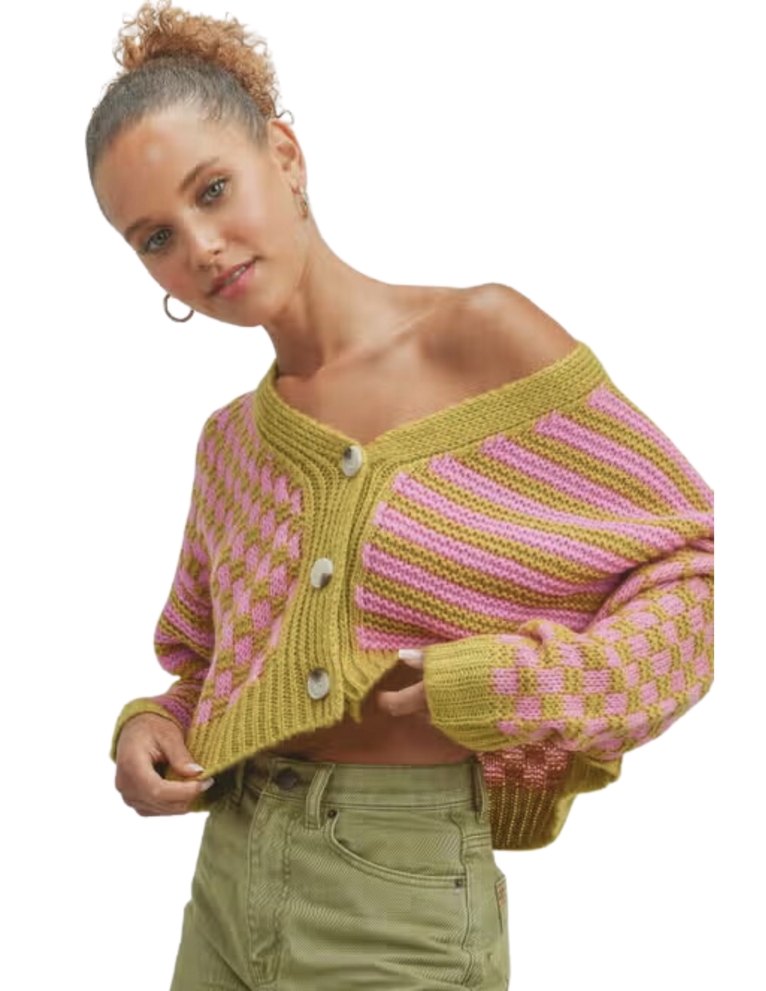 Oversized Button Down Checkered Stripe Cardigan