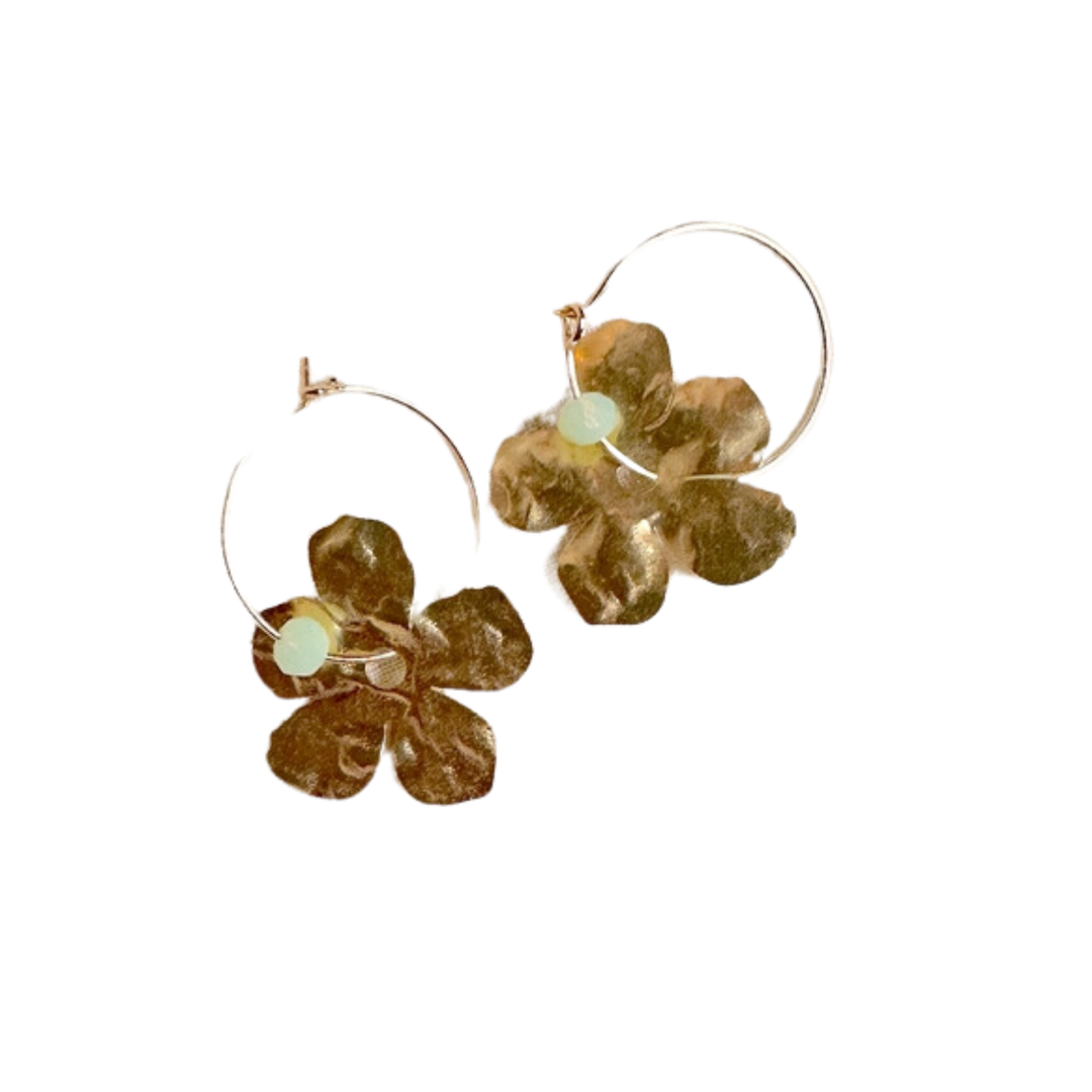 Brass Hammered Flower Hoop - Mint Bead