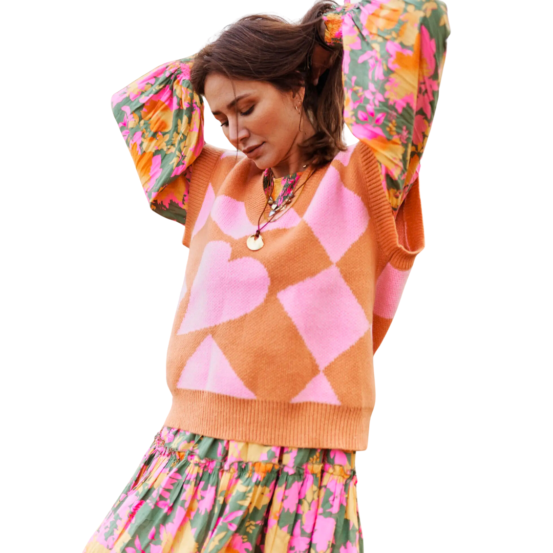 V Neck Heart Vest Pink Orange Blossom