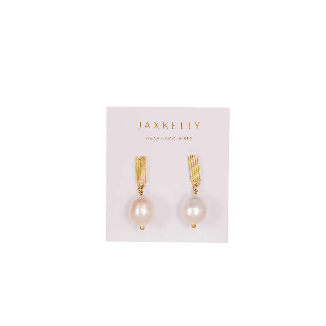 Rectangle Pearl Drop - Gold Earrings