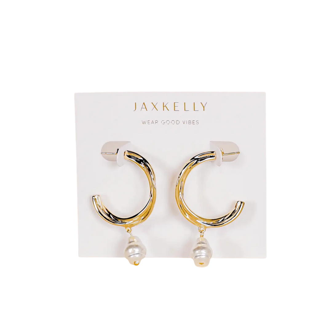 Twisted Pearl Drop Hoop - Gold Earrings