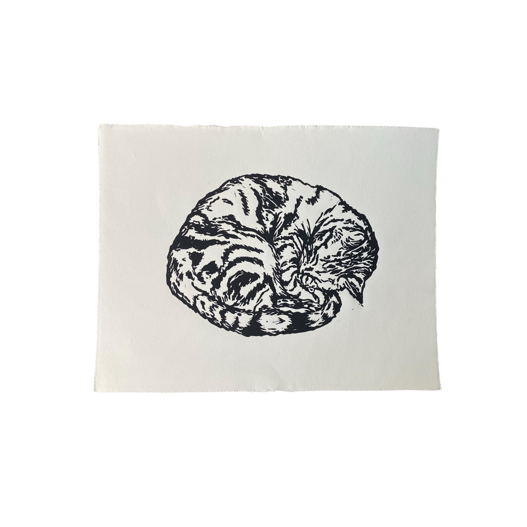 Sleeping Kitty Linocut Print
