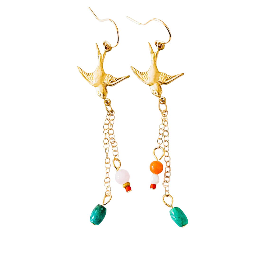Long Bird Charm Earrings