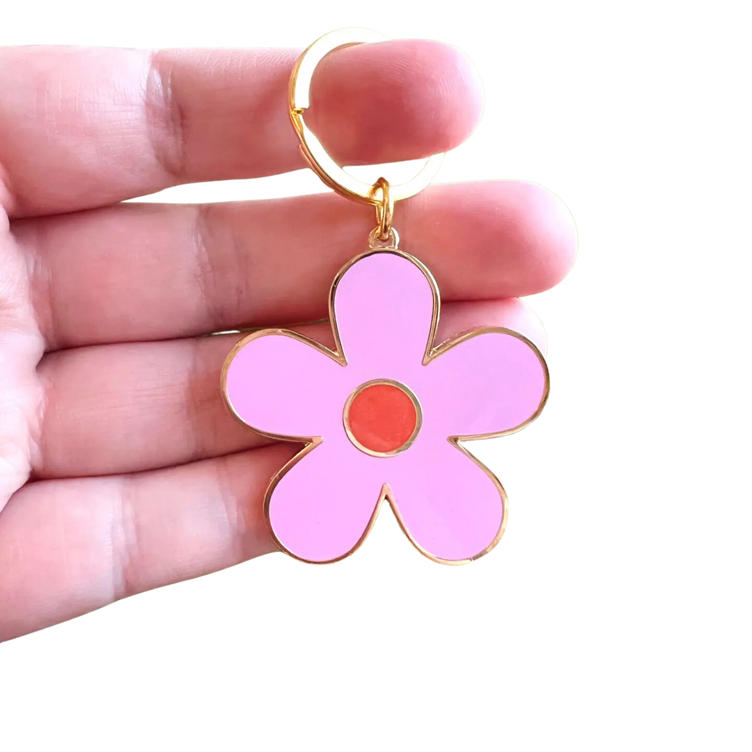Retro Flower Power-Pink Enamel Keychain