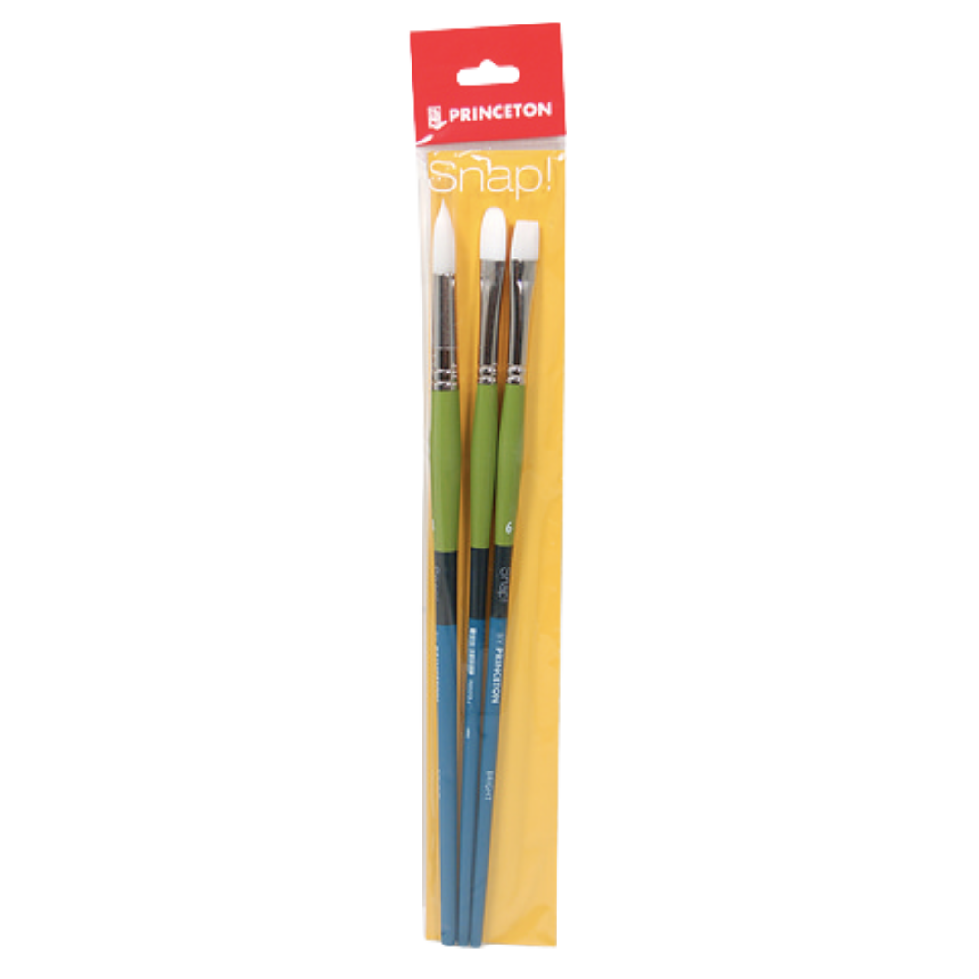 Snap White Taklon Long Handle 3pc Set: Bright 6, Filbert 6, Round 8