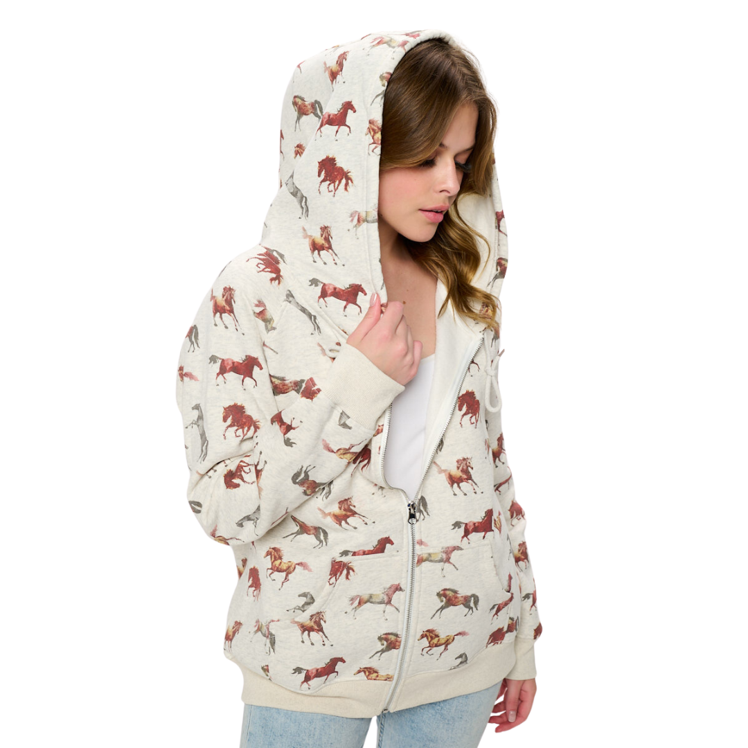 Color Horse Print Zip Up Hoodie